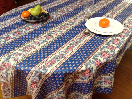 traditiona blue provencal cotton tablecloth with pink accent