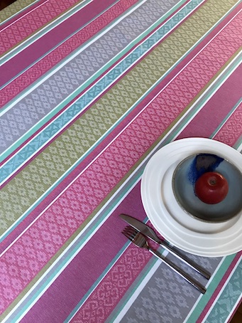 pink and blue Basque design french tablecloth with acrylic coating