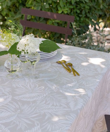 luxury french jacquard tablecloth with tone on tone leaves design in beige linen colours