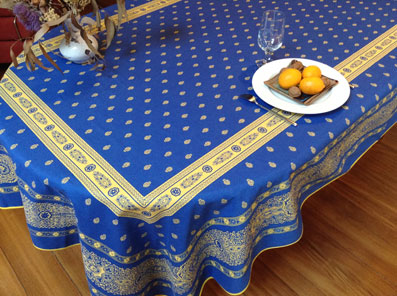 blue and yellow reversible provencal Jacquard tablecloth