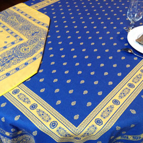 french Jacquard dining room tablecoth with yellow and blue tones