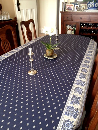 navy and white coated french tablecloth with provencal style
