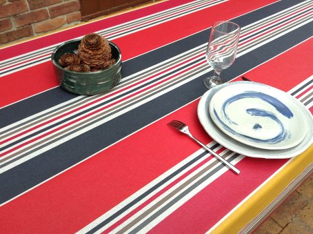 treated patio tablecloth with multicolour basque style stripes