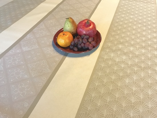 vintage coated jacquard tablecloth in beige tones