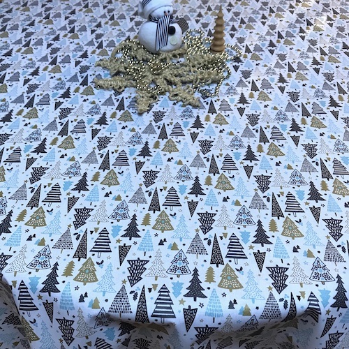 aqua and gold christmas tablecloth with acrylic coating