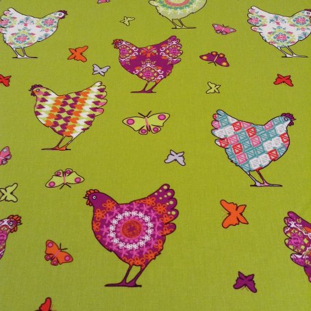 French oilcloth green with chickens designs
