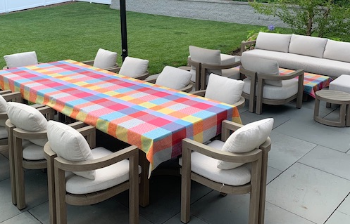 pink and blue coated Jacquard outdoor tablecloth