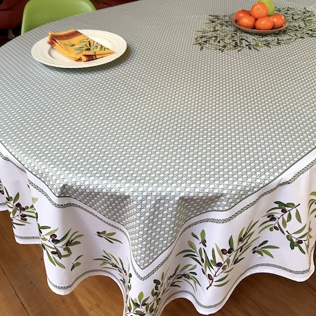 almond green treated tablecloth with olives designs