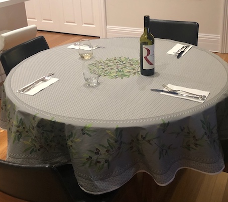 90 inches round coated grey tablecloth with olives design