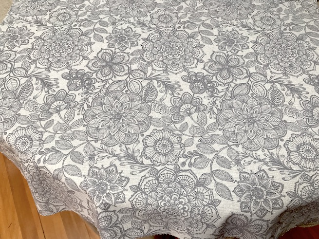 acrylic coated french tablecloth with grey lace designs