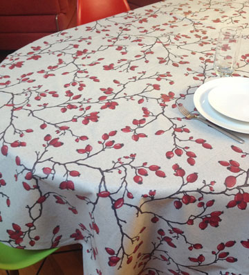 treated french tablecloth with fall and winter design
