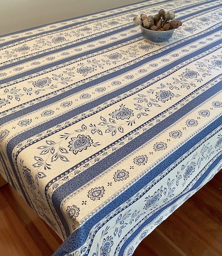 Blue and white coated provencal tablecloth
