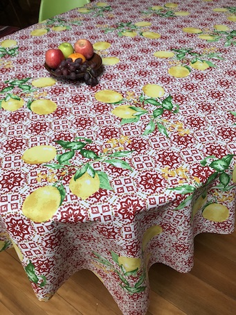 red and white french kitchen oilcloth with lemons designs