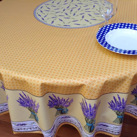 Lavender design 70in round yellow coated tablecloth from Provence