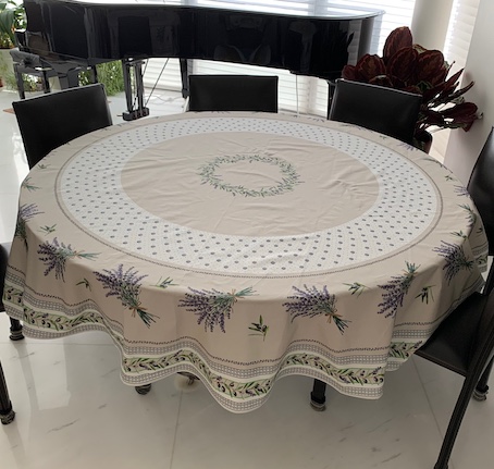 very large 90 inches round coated tablecloth with lavender designs