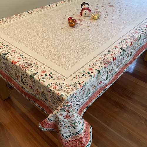 large christmas tablecloth with red and green design acrylic coated