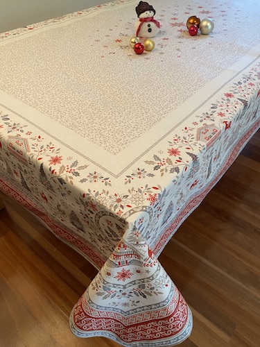 family size coated christmas tablecloth with red and silver designs