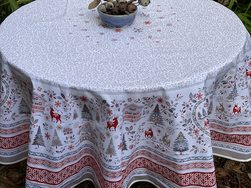 red and silver large round christmas coated tablecloth