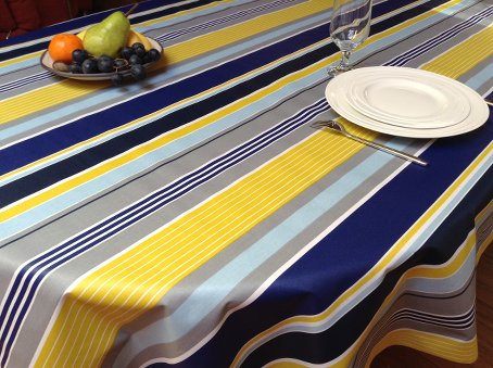 blue and yellow stripes coated french tablecloth