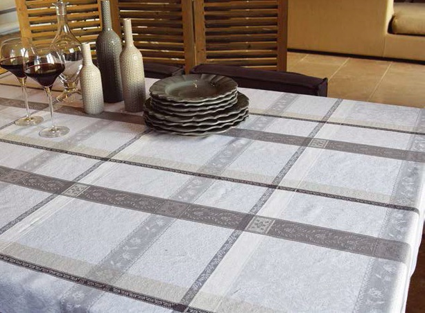 Teflon treated french jacquard tablecloth with beige and grey tones