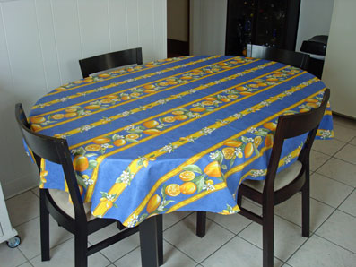 blue and yellow provencal coated tablecloth