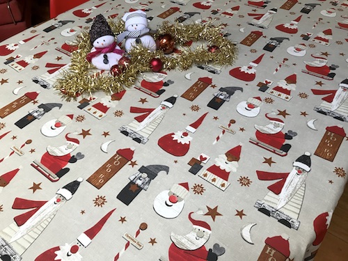 large christmas tablecloth with santa and snowman designs