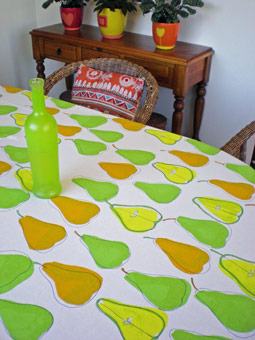 large cotton french tablecloth with green pears design seats 8