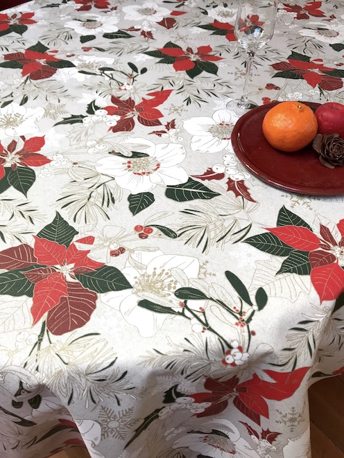 coated christmas tablecloth with poinsettia and mis