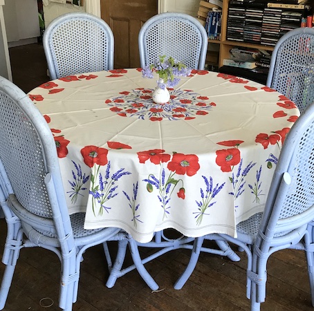 large acrylic treated round tablecloth with poppies designs