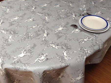 grey and black coated toile de Jouy tablecloth