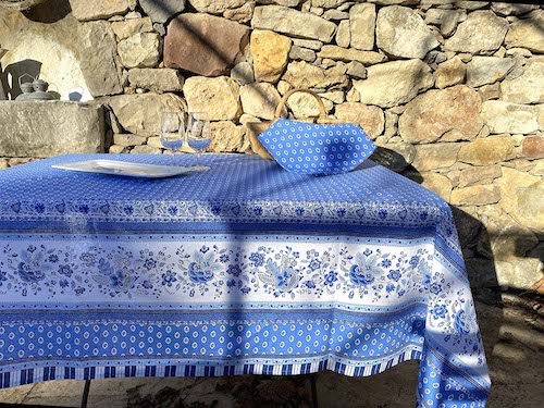blue and white provencal oilcloth for large table