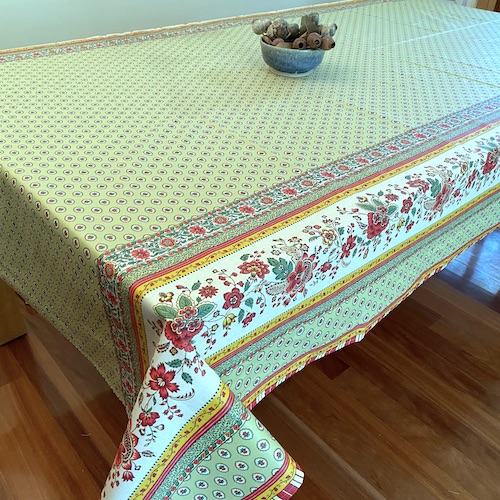green and pink provencal tablecloth with acrylic treatmement