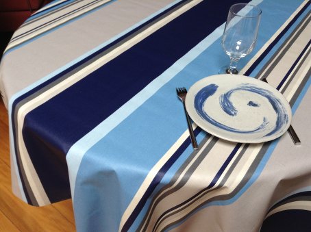 blue and grey stripes acrylic coated tablecloth