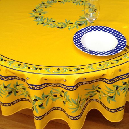 yellow and blue provencal round tablecloth with olives designs