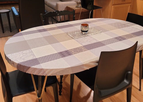 elasticated rectoval tablecloth on a vintage table