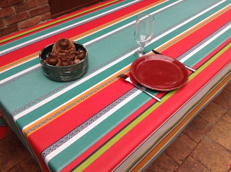 treated barbecue tablecloth with multicolour stripes