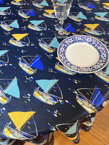 treated tablecloth with sail ship designs